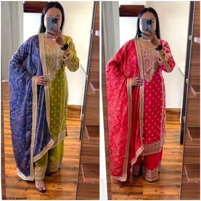 Stylish Pure Chinon Silk Mehendi Suit Set