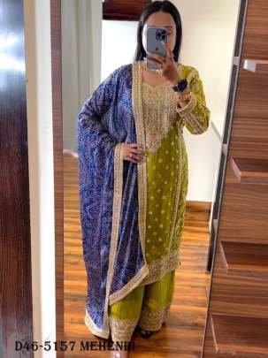 Stylish Pure Chinon Silk Mehendi Suit Set