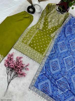 Stylish Pure Chinon Silk Mehendi Suit Set