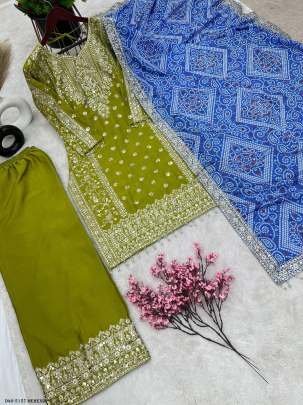 Stylish Pure Chinon Silk Mehendi Suit Set