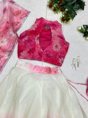 Stylish Pink Pure Organza Silk Lehenga With Blouse   Dupatta