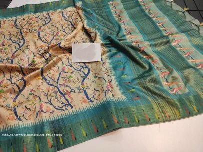 Stylish Rama Green color tussar silk saree with digital printed work
