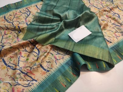 Stylish Rama Green color tussar silk saree with digital printed work