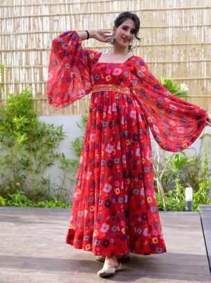 Stylish Red Georgette Maxi Dress with Puff Sleeve and Belt