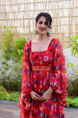 Stylish Red Georgette Maxi Dress with Puff Sleeve and Belt