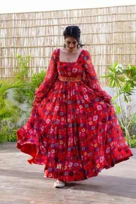 Stylish Red Georgette Maxi Dress with Puff Sleeve and Belt