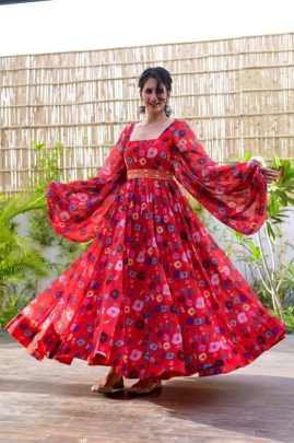 Stylish Red Georgette Maxi Dress with Puff Sleeve and Belt