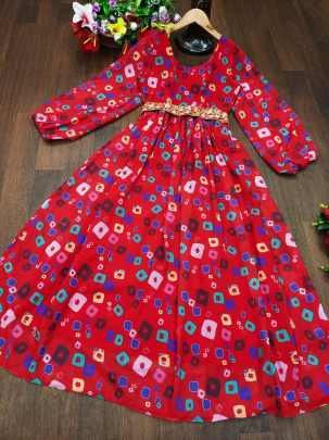 Stylish Red Georgette Maxi Dress with Puff Sleeve and Belt