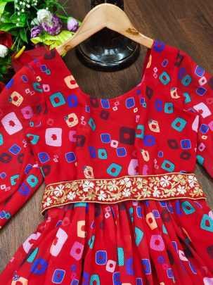 Stylish Red Georgette Maxi Dress with Puff Sleeve and Belt