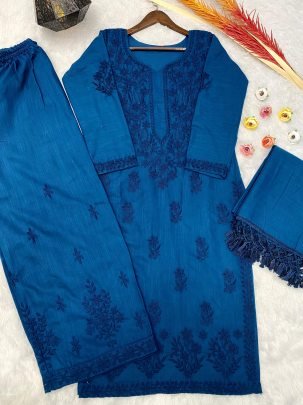 Stylish Royal Blue Color Muslin Kurta Palazzo Dupatta Set