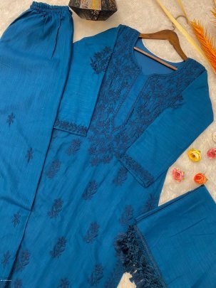 Stylish Royal Blue Color Muslin Kurta Palazzo Dupatta Set