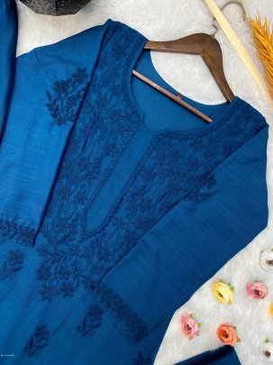 Stylish Royal Blue Color Muslin Kurta Palazzo Dupatta Set