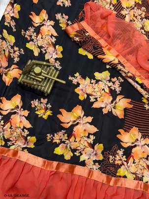 Stylish Silk Crepe Ruffle Printed Orange Saree