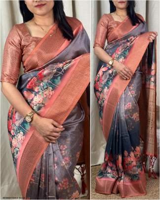Trendy Tara Catalog Satin Jacquard Gray Saree