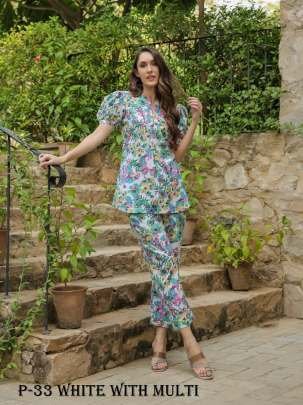 Stylish White With Multi Flower Pattern Co Ord Set