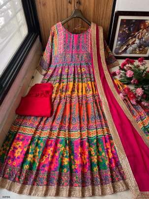 Summer special designer digital printed Anarkali gown with fancy lace