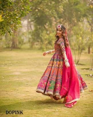 Summer special designer digital printed Anarkali gown with fancy lace