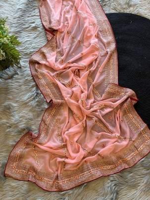 Summer Special Pure Georgette Silk Embroidered Peach Saree
