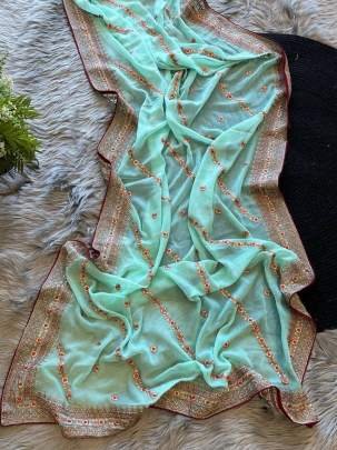 Summer Special Pure Georgette Silk Embroidered Light Bottle Green Saree