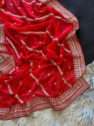 Summer Special Pure Georgette Silk Embroidered Red Saree