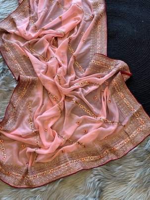 Summer Special Pure Georgette Silk Embroidered Peach Saree