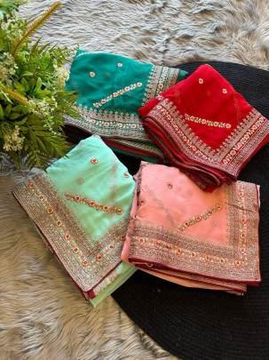Summer Special Pure Georgette Silk Embroidered Light Bottle Green Saree