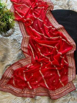 Summer Special Pure Georgette Silk Embroidered Red Saree