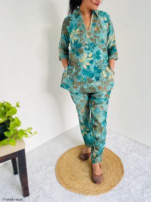 Summer Special Sky Blue Pure Cotton Co Ord Set With Mirror Work