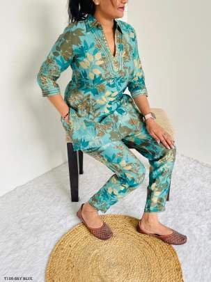 Summer Special Sky Blue Pure Cotton Co Ord Set With Mirror Work