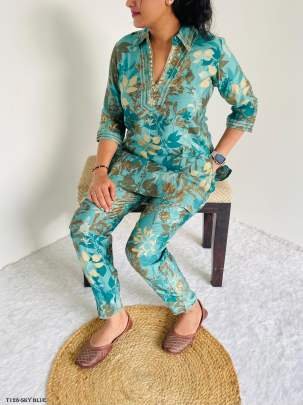 Summer Special Sky Blue Pure Cotton Co Ord Set With Mirror Work