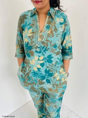 Summer Special Sky Blue Pure Cotton Co Ord Set With Mirror Work