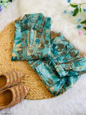 Summer Special Sky Blue Pure Cotton Co Ord Set With Mirror Work