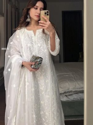 Summer Special White Organza Embroidery Kurti Set