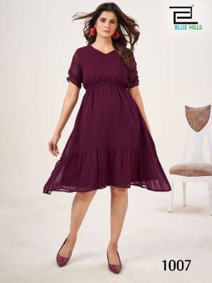 Summer Special Wine Frill Sleeve Georgette One Piece Dress
