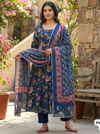 Summer Wear Blue Floral Print Rayon Kurti Pant Set