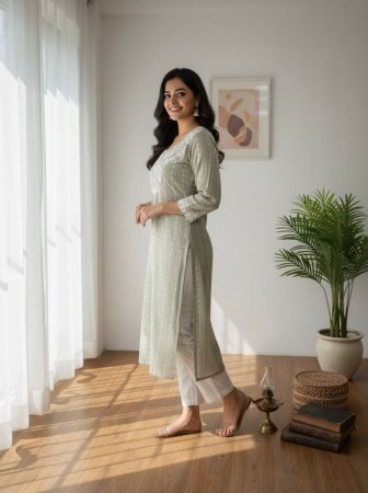 Summer Wear Khadi Cotton Kurti Set With Embroidery Work