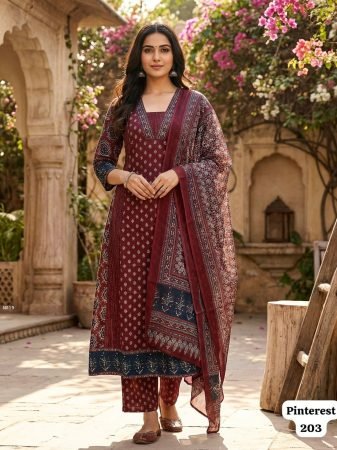 Summer Wear Rayon Maroon Kurti Pant Set With Chanderi Silk