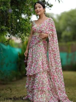 Supar Hit White Flower Print Georgette Readymade Lehenga Saree