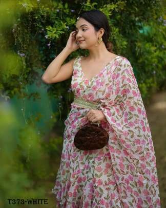 Supar Hit White Flower Print Georgette Readymade Lehenga Saree