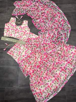 Supar Hit White Flower Print Georgette Readymade Lehenga Saree