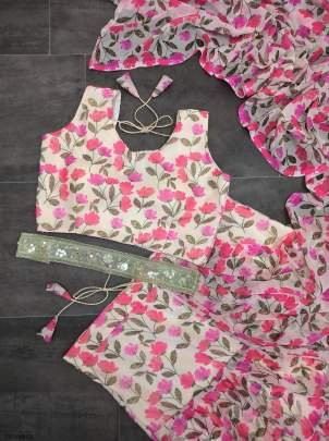 Supar Hit White Flower Print Georgette Readymade Lehenga Saree