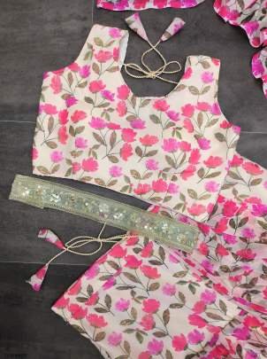 Supar Hit White Flower Print Georgette Readymade Lehenga Saree