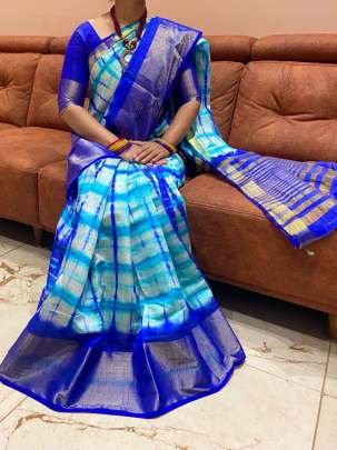 Super Hit Blue Shibori Printed Dola Silk Saree
