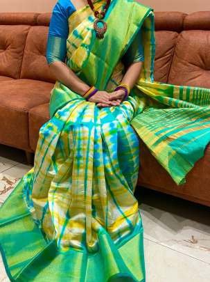 Super Hit Green Shibori Printed Dola Silk Saree 