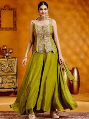 Super Hit Mehendi Color Chinon Kurti Palazzo Set