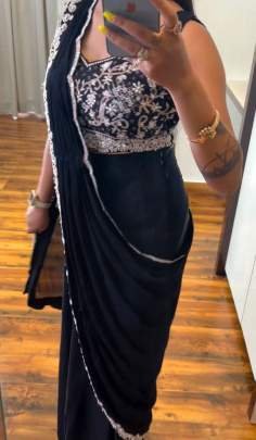 Super Trending Black Embroidery cording work ready to wear Saree