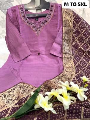 Smart Ladies Lavender Neck Hand Work Pure Muslin Kurtis