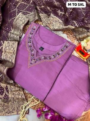 Smart Ladies Lavender Neck Hand Work Pure Muslin Kurtis