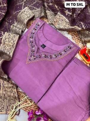 Smart Ladies Lavender Neck Hand Work Pure Muslin Kurtis