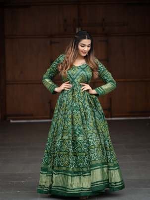 Hot Arrival Green Bandhej Printed Pure Gajji Silk Gown